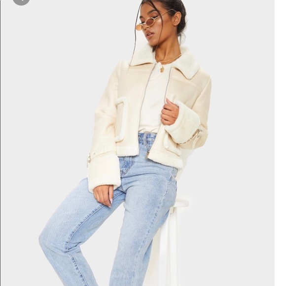 Cream Borg Trim Cropped PU Jacket - Picture 2 of 4